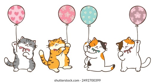 Vector Illustration of Cute Cartoon Cat with Balloon Characters on Isolated Background