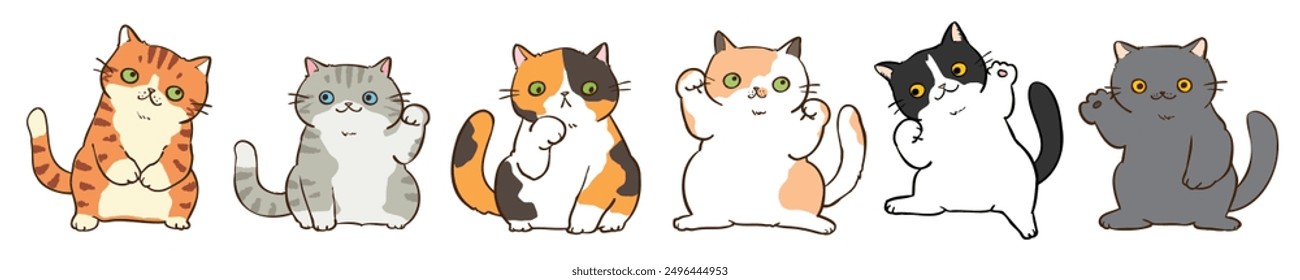 Vector Illustration of Cute Cartoon Cat Characters on Isolated Background