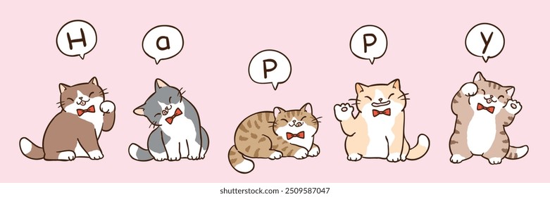 Vector Illustration of Cute Cartoon Cat Characters on Isolated Background