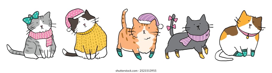 Vector Illustration of Cute Cartoon Cat Characters on Isolated Background