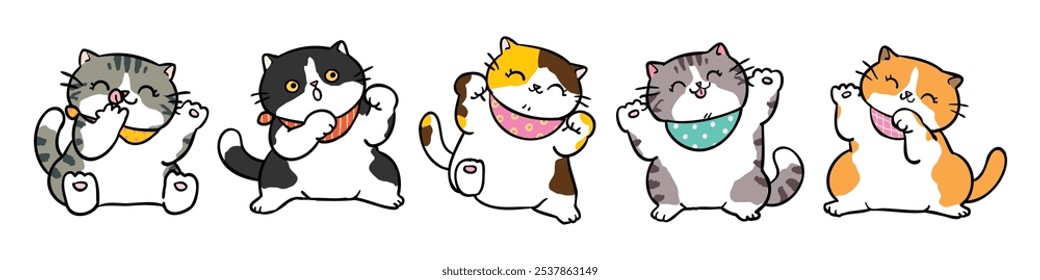 Vector Illustration of Cute Cartoon Cat Characters on Isolated Background