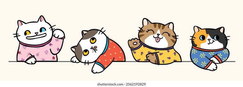 Vector Illustration of Cute Cartoon Cat Characters on Isolated Background. Hand Drawn Vector Illustration. 