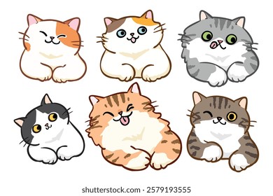 Vector Illustration of Cute Cartoon Cat Characters on Isolated Background. Hand Drawn Vector Illustration. Not AI Generated.