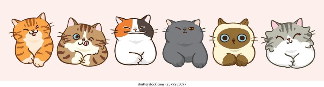 Vector Illustration of Cute Cartoon Cat Characters on Isolated Background. Hand Drawn Vector Illustration. Not AI Generated.