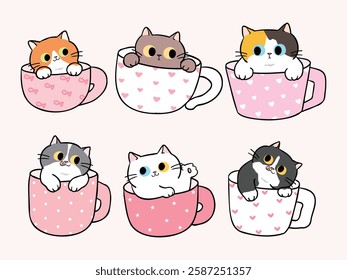 Vector Illustration of Cute Cartoon Cat in Cup Design on Isolated Background. Hand Drawn Vector Illustration. Not AI Generated.