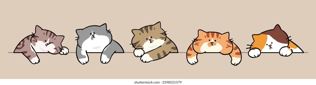 Vector Illustration of Cute Cartoon Cat Characters on Isolated Background. Hand Drawn Vector Illustration. Not AI Generated.