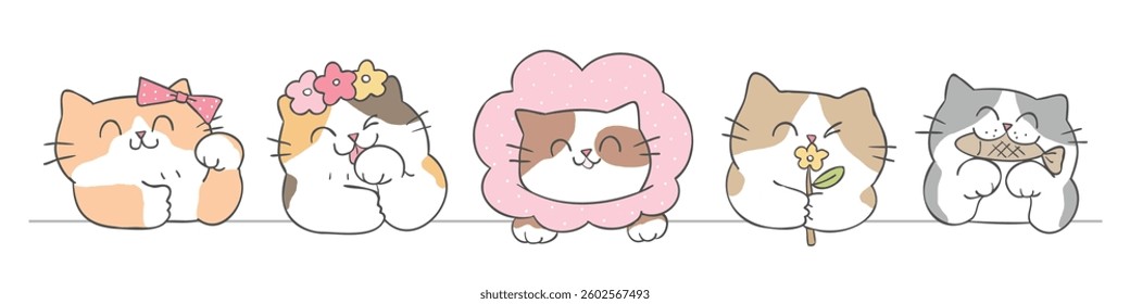 Vector Illustration of Cute Cartoon Cat Characters on Isolated Background. Hand Drawn Vector Illustration. Not AI Generated.