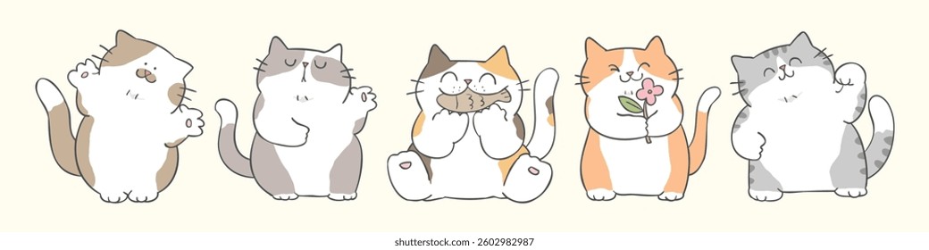 Vector Illustration of Cute Cartoon Cat Characters on Isolated Background. Hand Drawn Vector Illustration. Not AI Generated.