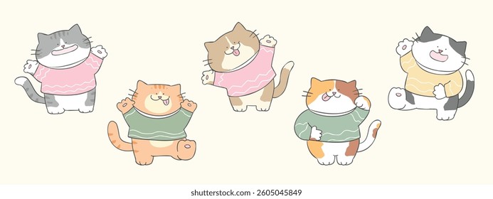 Vector Illustration of Cute Cartoon Cat Characters on Isolated Background. Hand Drawn Vector Illustration. Not AI Generated.