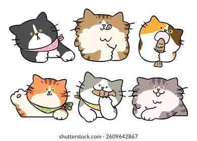 Vector Illustration of Cute Cartoon Cat Characters on Isolated Background. Hand Drawn Vector Illustration.	Not AI Generated.