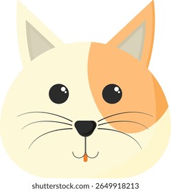 Ilustração vetorial de um bonito rosto de gato de desenho animado com uma cor creme e um patch laranja no lado direito. O gato tem grandes olhos redondos, um pequeno nariz preto, bigodes e um pouco de língua para fora.