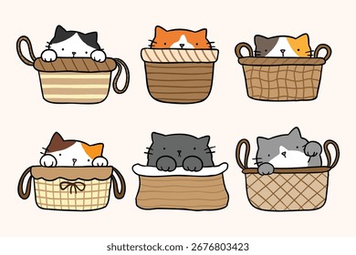 Vector Illustration of Cute Cartoon Cat in Basket Characters on Isolated Background. Hand Drawn Vector Illustration. Not AI Generated.