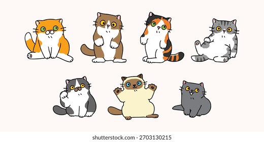Ilustración vectorial de lindos personajes de gatos de dibujos animados sobre fondo aislado. Ilustración vectorial dibujada a mano. No se genera IA.