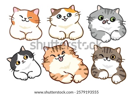Vector Illustration of Cute Cartoon Cat Characters on Isolated Background. Hand Drawn Vector Illustration. Not AI Generated.