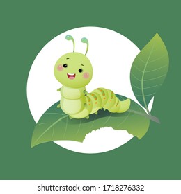 Vector illustration cute cartoon caterpillar chewing green leaf.
