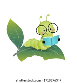 Vector illustration cute cartoon caterpillar wearing glasses and reading a book on the leaf.
