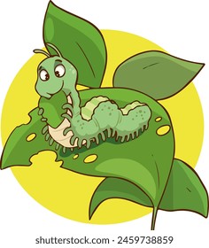 Vector illustration of cute cartoon caterpillar eating leaf