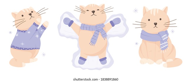 Vector illustration of cute cartoon cats. Winter, warm clothes, sweater, gloves and scarf. New Year and Christmas decorations with snow.