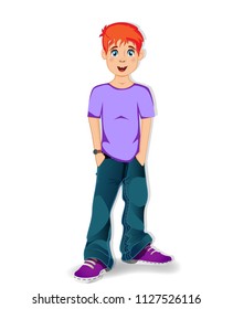 Vector illustration of cute cartoon character of teenager schoolboy with ginger hair isolated on white background. Cool full length teen boy wearing blue jeans keeping hands in the pockets clip art. 