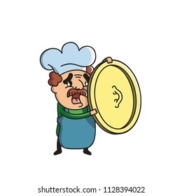Vector Illustration. Cute Cartoon Character. The frightened cook in an apron and a cap is protected from something by a lid from a pan. Icon: Man with a mustache.