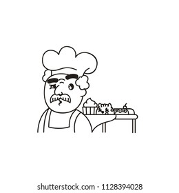 Vector Illustration. Cute Cartoon Character. Cook with a mustache in the kitchen hood. A red cat climbed onto a table with a cake with a cherry. Coloring Book Page.