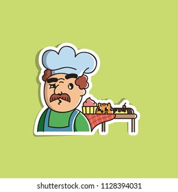 Vector Illustration. Cute Cartoon Character. Cook with a mustache in the kitchen hood. A red cat climbed onto a table with a cake with a cherry 