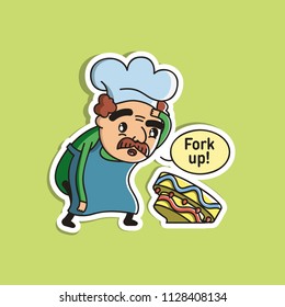 Vector Illustration. Cute Cartoon Character. Chef with a mustache in a chef's cap dropped his cake. Icon: Man with text bubble.