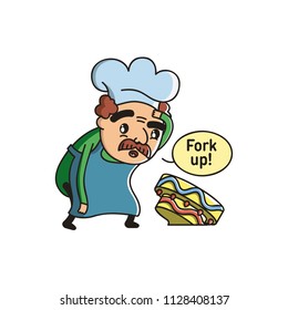 Vector Illustration. Cute Cartoon Character. Chef with a mustache in a chef's cap dropped his cake. Icon on white background: Man with text bubble.