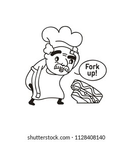 Vector Illustration. Cute Cartoon Character. Chef with a mustache in a chef's cap dropped his cake. Icon: Man with text bubble. Coloring Book Page