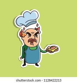 Vector Illustration. Cute Cartoon Character. Cook with a mustache in the kitchen hood. Icon: a man with fire instead of hair gets angry and holds a sandwich with sausage and cheese.