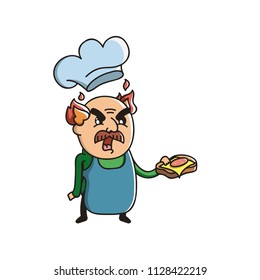Vector Illustration. Cute Cartoon Character. Cook with a mustache in the kitchen hood. Icon on white background: a man with fire instead of hair gets angry and holds a sandwich with sausage and cheese