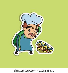 Vector Illustration. Cute Cartoon Character. Icon: Chef with a mustache in a chef's cap dropped his cake.