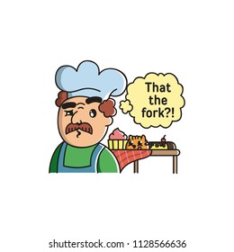 Vector Illustration. Cute Cartoon Character. Icon: cook with a mustache with a text bubble in the kitchen hood on white background. Red cat climbed onto a table with a cake with a cherry and a basket