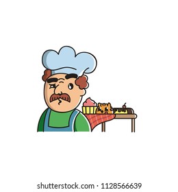 Vector Illustration. Cute Cartoon Character. Icon: cook with a mustache in the kitchen hood on white background. A red cat climbed onto a table with a cake with a cherry and a basket cake.