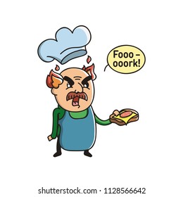 Vector Illustration. Cute Cartoon Character. Cook with a mustache with text bubble in the kitchen hood. Icon: a man with fire instead of hair gets angry and holds a sandwich with sausage and cheese.