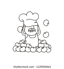 Vector Illustration. Cute Cartoon Character. Chef with a mustache pulls on the head of the cook's cap. The apples fall on a man. Coloring book page.