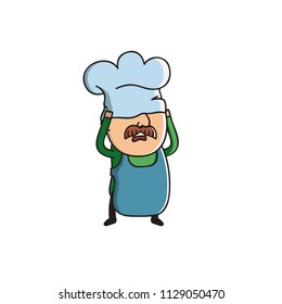 Vector Illustration. Cute Cartoon Character. Chef with a mustache pulls on the head of the cook's cap. 