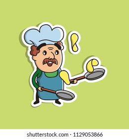 Vector Illustration. Cute Cartoon Character. Cook with a mustache in the kitchen hood. Icon: Chef is holding pans. The man juggles with pancakes.
