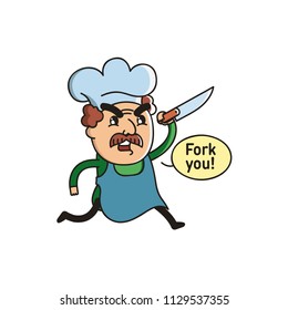 Vector Illustration. Cute Cartoon Character with text bubble. Cook with a mustache in the kitchen hood on white background. Icon: Evil chef runs with a knife.