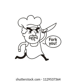 Vector Illustration. Cute Cartoon Character with text bubble. Cook with a mustache in the kitchen hood. Icon: Evil chef runs with a knife. Coloring Book Page.