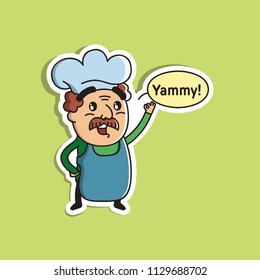Vector Illustration. Cute Cartoon Character with text bubble. Chef with a mustache in the kitchen hood. Icon: A man shows his finger a "ok" sign.