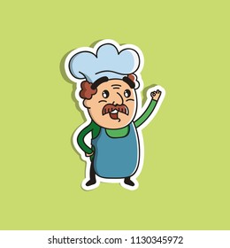 Vector Illustration. Cute Cartoon Character with text bubble. Chef with a mustache in the kitchen hood. Icon: A man shows his finger a "ok" sign.
