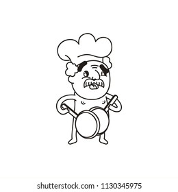 Vector Illustration. Cute Cartoon Character. Chef with a mustache in the kitchen hood. Icon: A naked man holds pans in his hands and covers them up. Coloring Book Page.