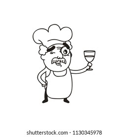 Vector Illustration. Cute Cartoon Character. Chef with a mustache in the kitchen hood. Icon: A man is holding a glass of red wine in his hand. Coloring Book Page.