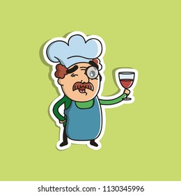 Vector Illustration. Cute Cartoon Character. Chef with a mustache in the kitchen hood. Icon: A man is holding a glass of red wine in his hand