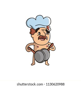 Vector Illustration. Cute Cartoon Character. Chef with a mustache in the kitchen hood on white background. Icon: A naked man holds pans in his hands and covers them up.