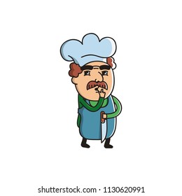 Vector Illustration. Cute Cartoon Character. Chef with a mustache in the kitchen hood on white background. Icon: A man holds a knife and an index finger in his mouth
