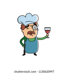 Vector Illustration. Cute Cartoon Character. Chef with a mustache in the kitchen hood on white background. Icon: A man is holding a glass of red wine in his hand
