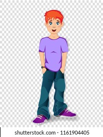 Vector illustration of cute cartoon character of teenager schoolboy with ginger hair isolated on transparent background. Cool teen boy wearing blue jeans keeping hands in the pockets clip art.