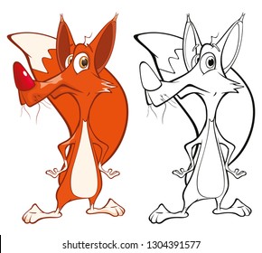 Vector Illustration of a Cute Cartoon Character Red Fox for you Design and Computer Game. Coloring Book Outline Set 